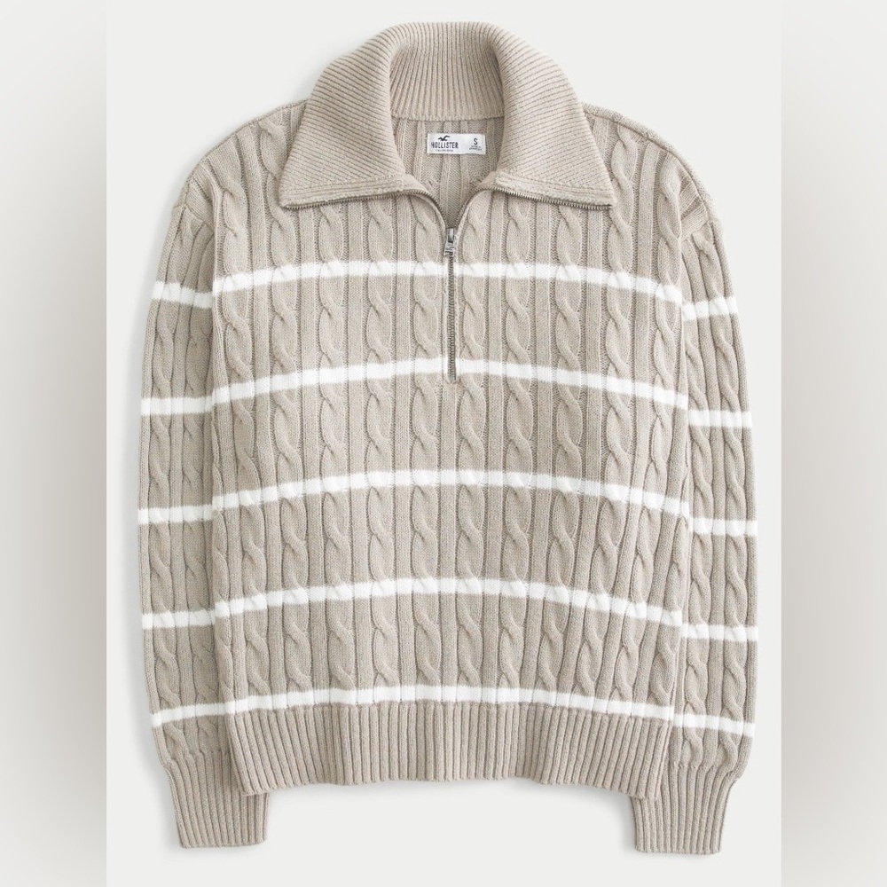 Hollister Oversized Cable-Knit Half-Zip Sweater in Light Brown Stripe